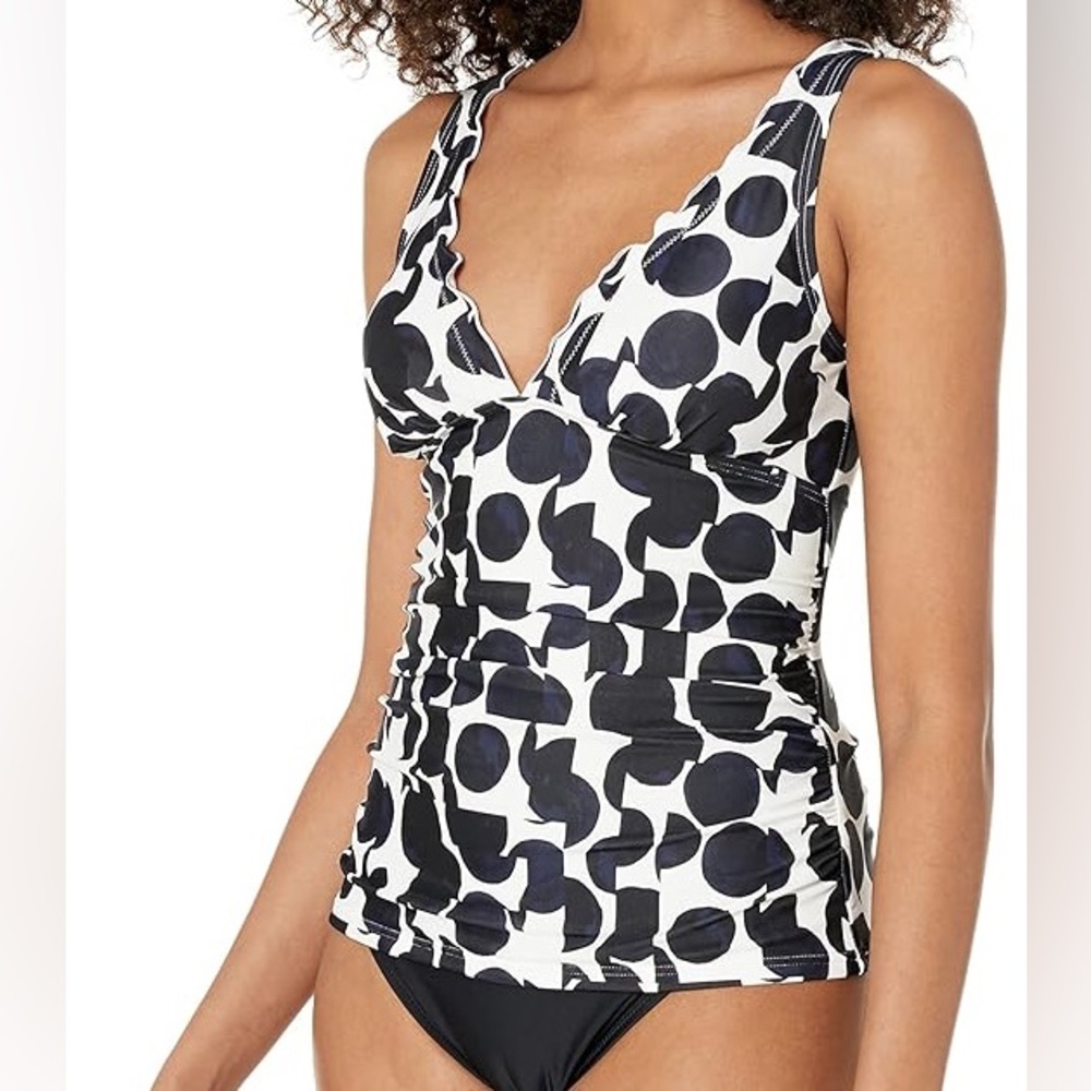 🌴🌴DKNY BLACK MULTI DOT Printed Ruffled Halter Tankini Top, US L🌴🌴